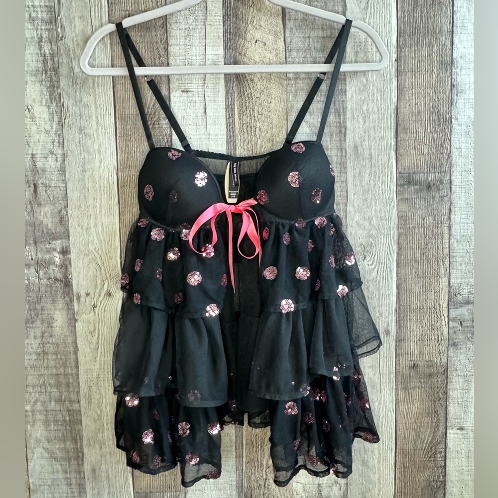 Victoria’s Secret Sexy Little Things Push Up Lingerie Babydoll Black Sequin 34B